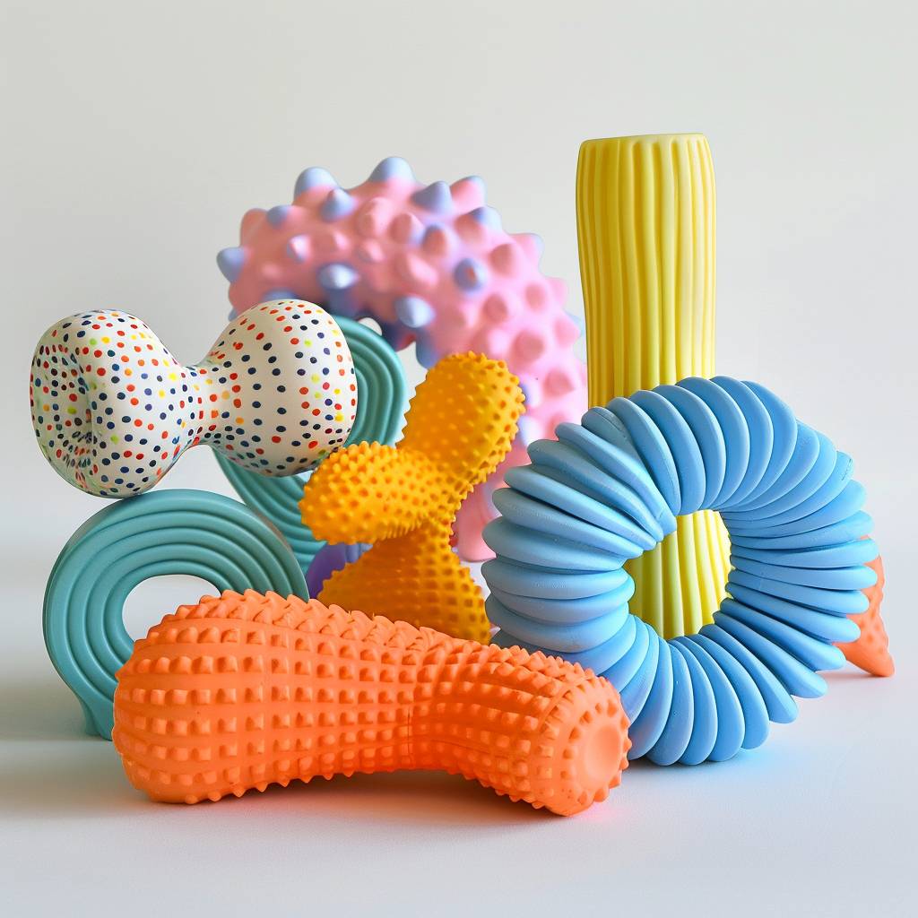 Ribbed and dotted texture rubber dog chew toys created by Michael Craig-Martin