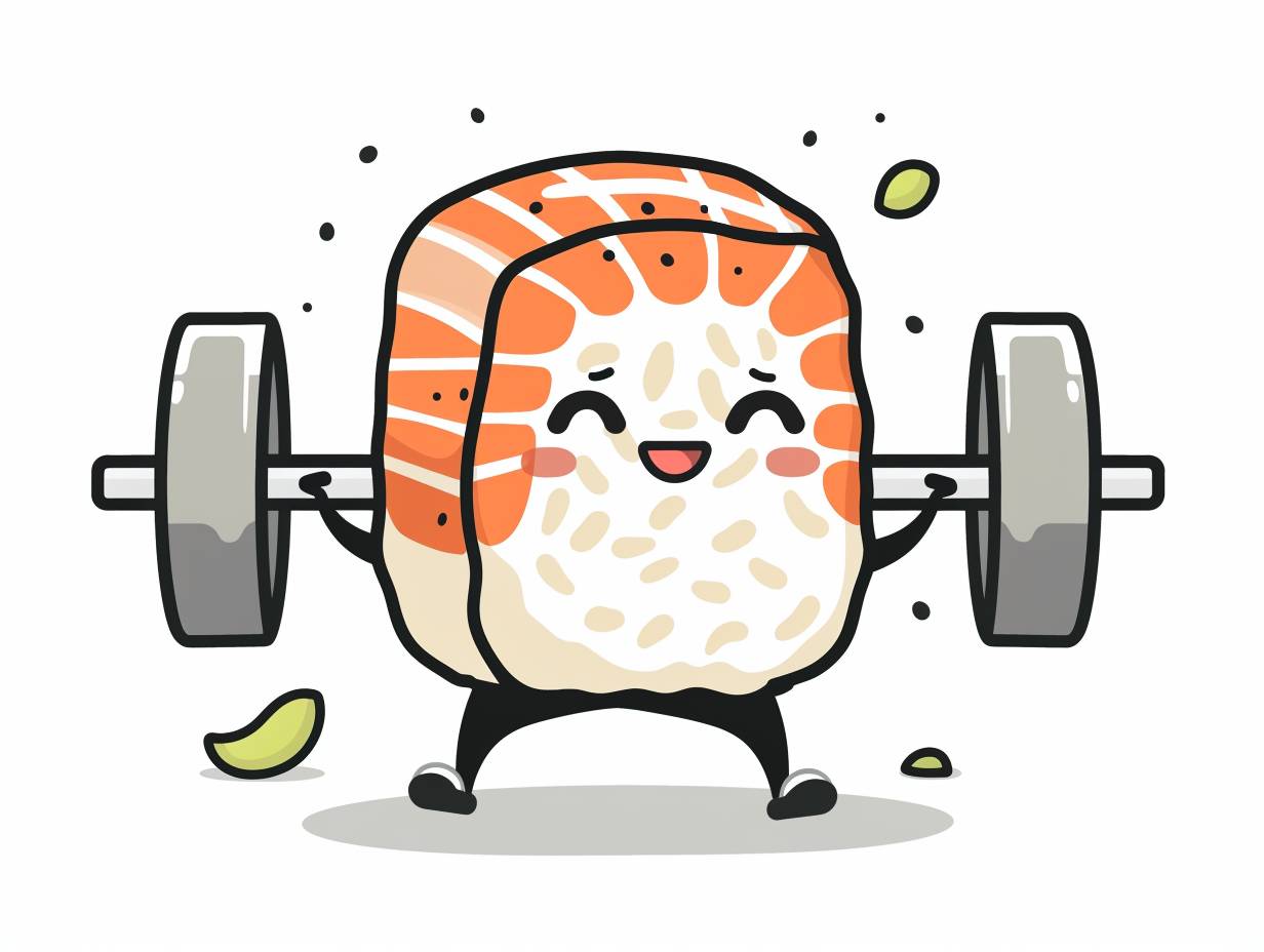 Vector art of sushi doodle character fitness with weights exercise, athletic pose, isolated on white background luxury minimalist