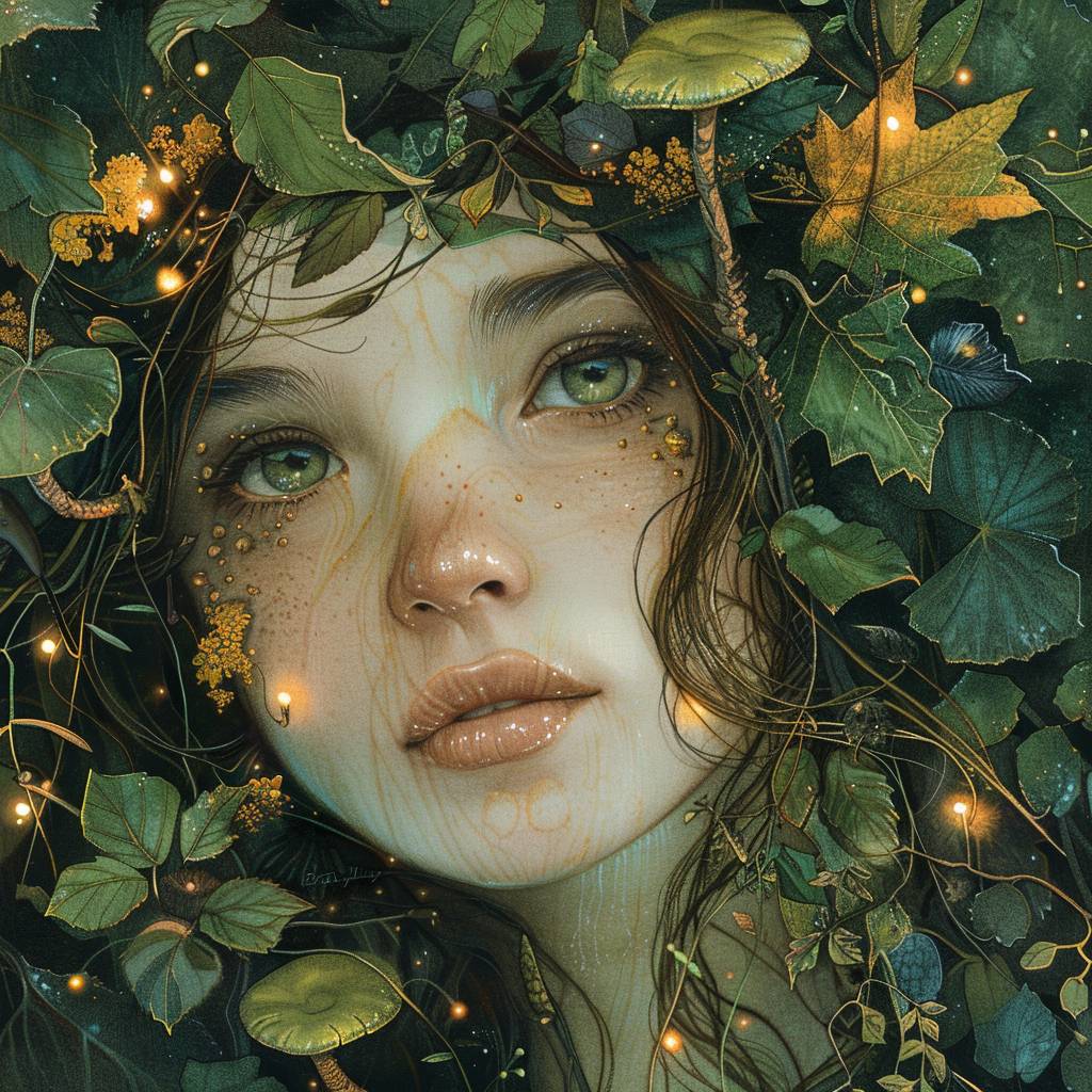 エーテリアル・フォレスト・ニンフ：森の本質を具現化した女性の静謐で神秘的な肖像を描いてください。彼女の肌には微妙な緑色の色合いがあり、髪には葉、花、葡萄が絡まっています。彼女の目は柔らかく輝き、月の光を反射しています。背景には古代の木々、輝くキノコ、ホタルがある神秘的な森が描かれています。スタイル＝エーテリアル、マジカル