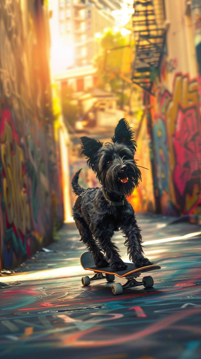 An animated black Scottie dog skateboarding down a hilly, urban street, with a backdrop of graffiti walls and a sun setting. The image captures a sense of adventure and fun.