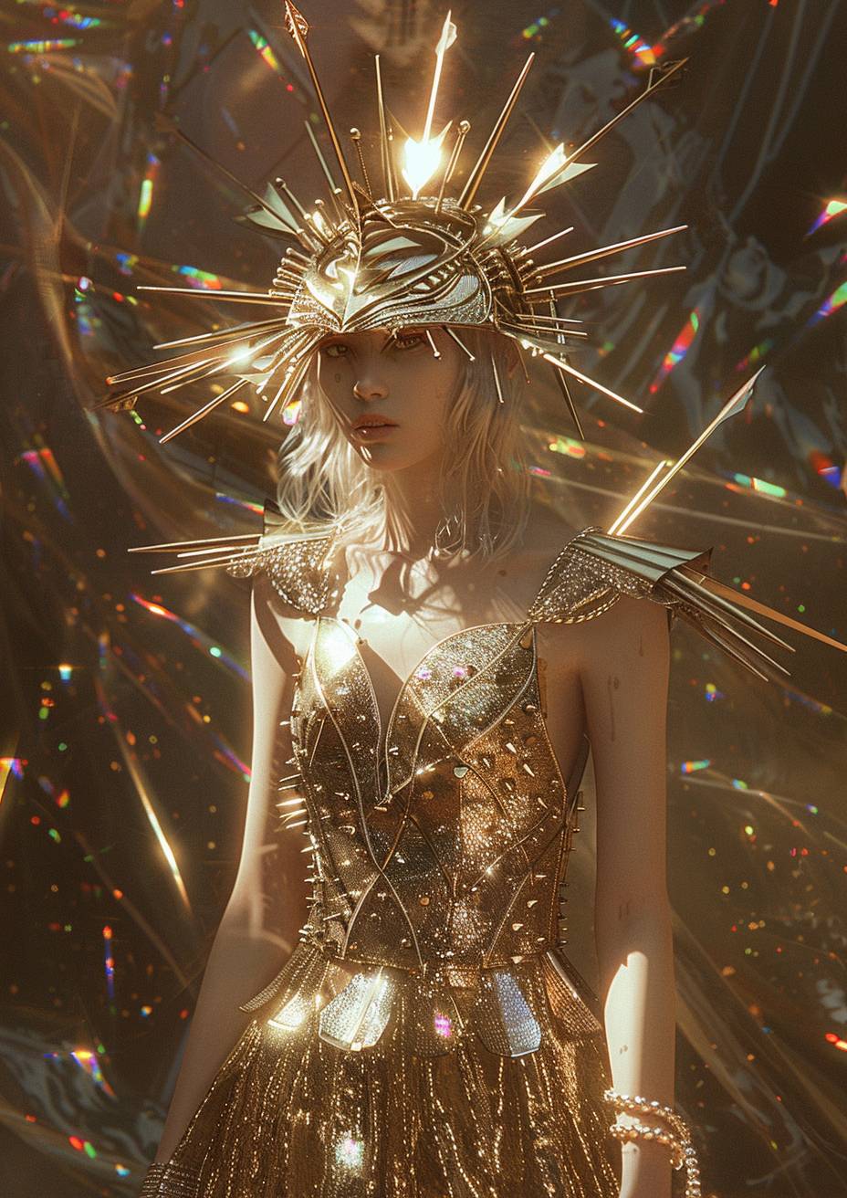 ghastly glitchpunk, low-angle perspective, red carpet starlet wearing a gold and silver minidress and headpiece with arrow-like spikes, in the style of linked rings, future fashion