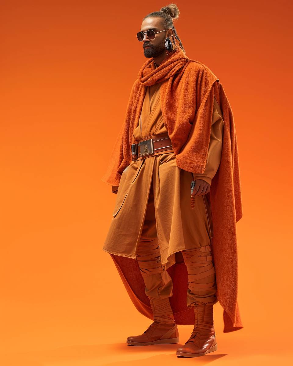 Fashion Portrait photography of a Jedi Knight from Star Wars dressed in avant-garde fashion, Medium shot, Canon EOS-1D X Mark III 4K, matte effect, orange monochrome studio background