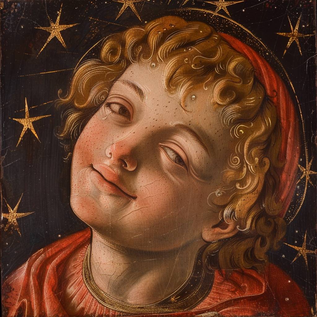 Portrait of smiling saint boy from stars depicted by Masaccio, version 6.0