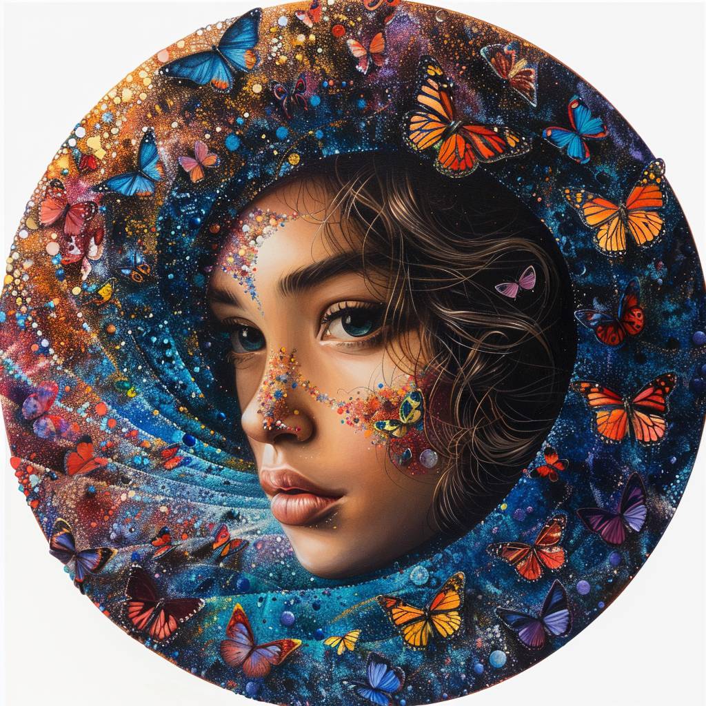 円形のクリスタルアートピース、カラフルな蝶々を身にまとった少女、絶妙な色彩と質感、フィボナッチの螺旋の中にある、黄金比、明るい色彩、明暗法、負の空間