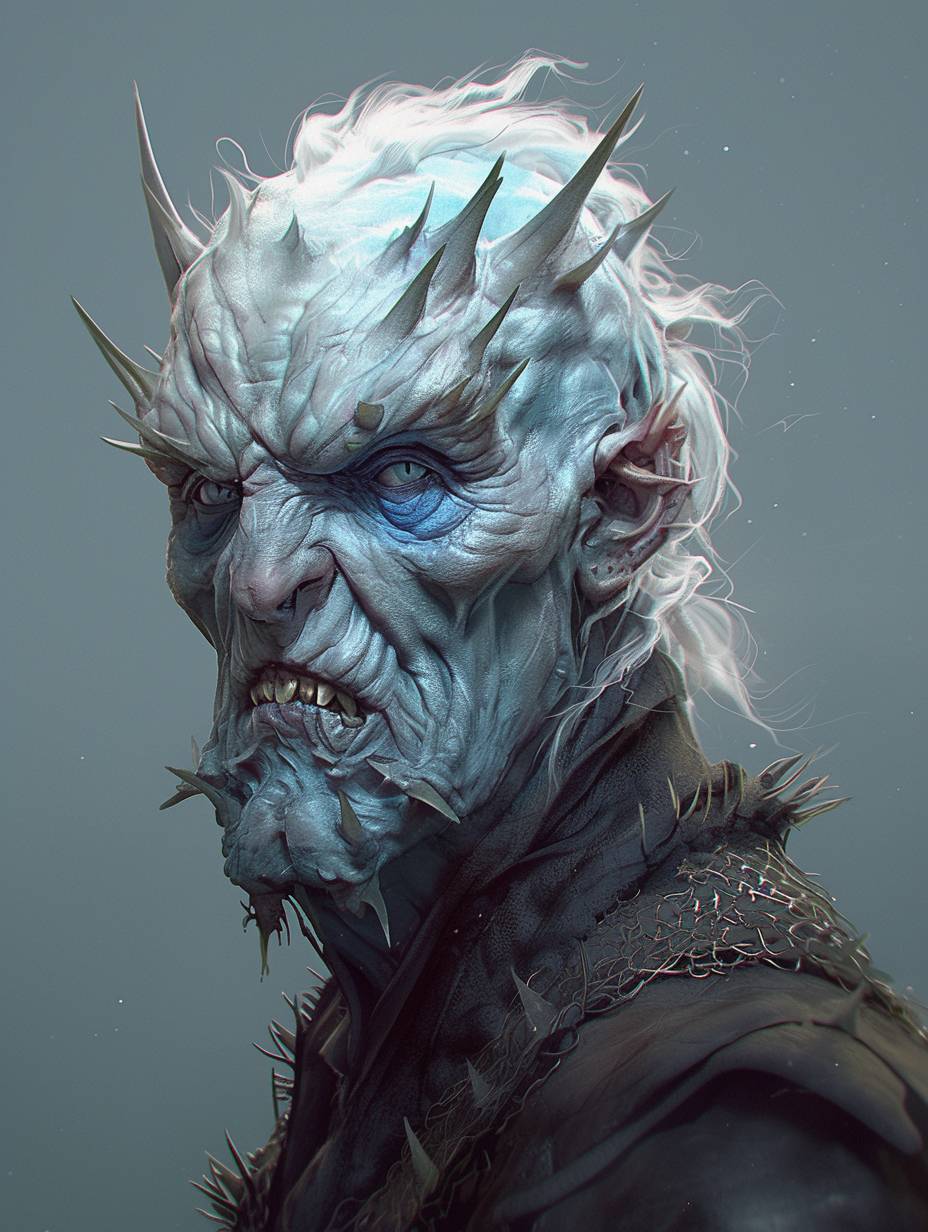 A caricature of a White Walker character with exaggerated features, realistic textures, humor-infused, and playful.