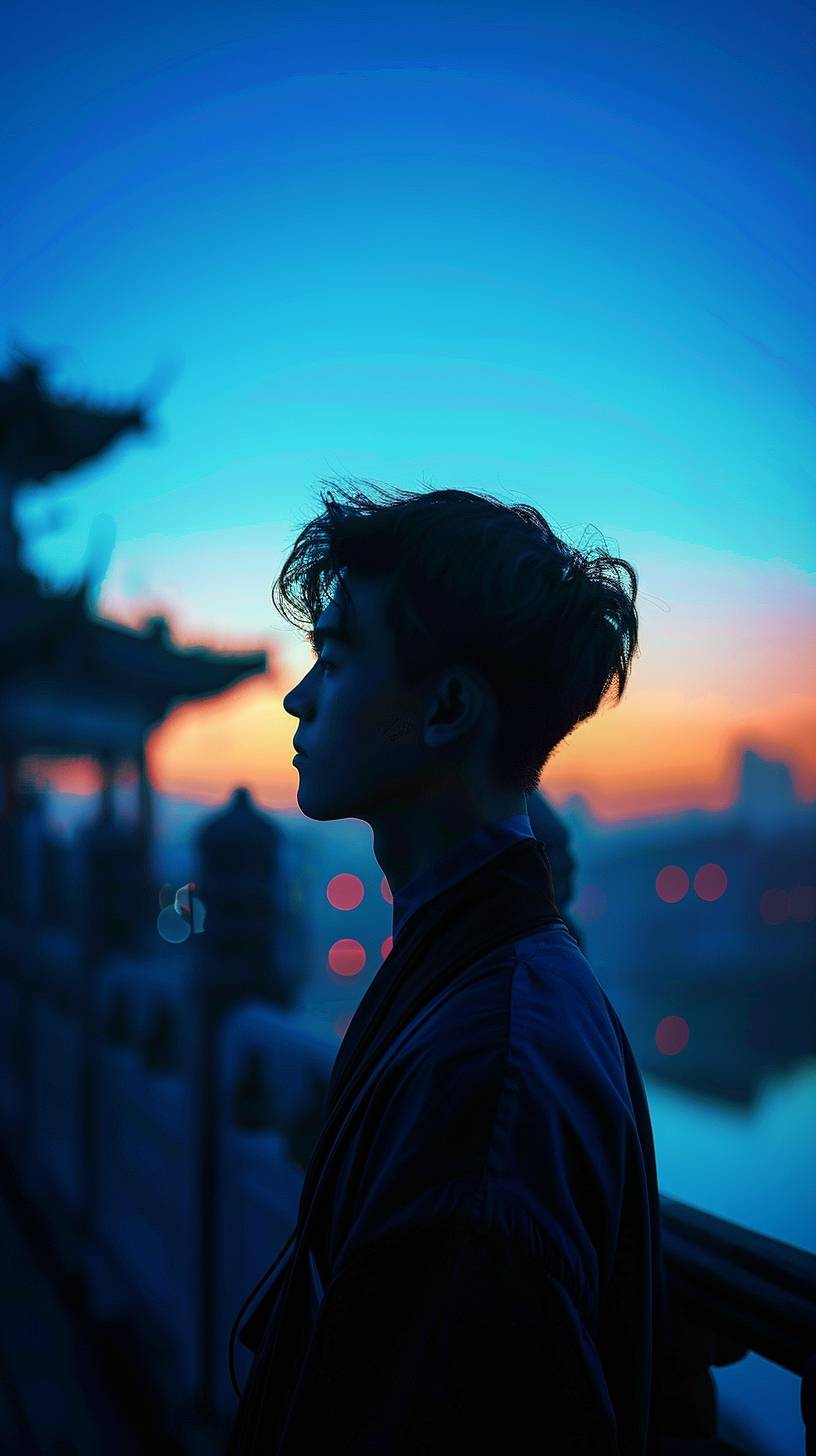By Igor Zenin, capture the essence of zen and dusk intertwining, featuring a young Chinese stunning metrosexual against a deep blue twilight sky. Focusing on the dynamic actions, the environment, and the interaction of light and shadow. No eyeglasses, aspect ratio 9:16, raw style, version 6.0.