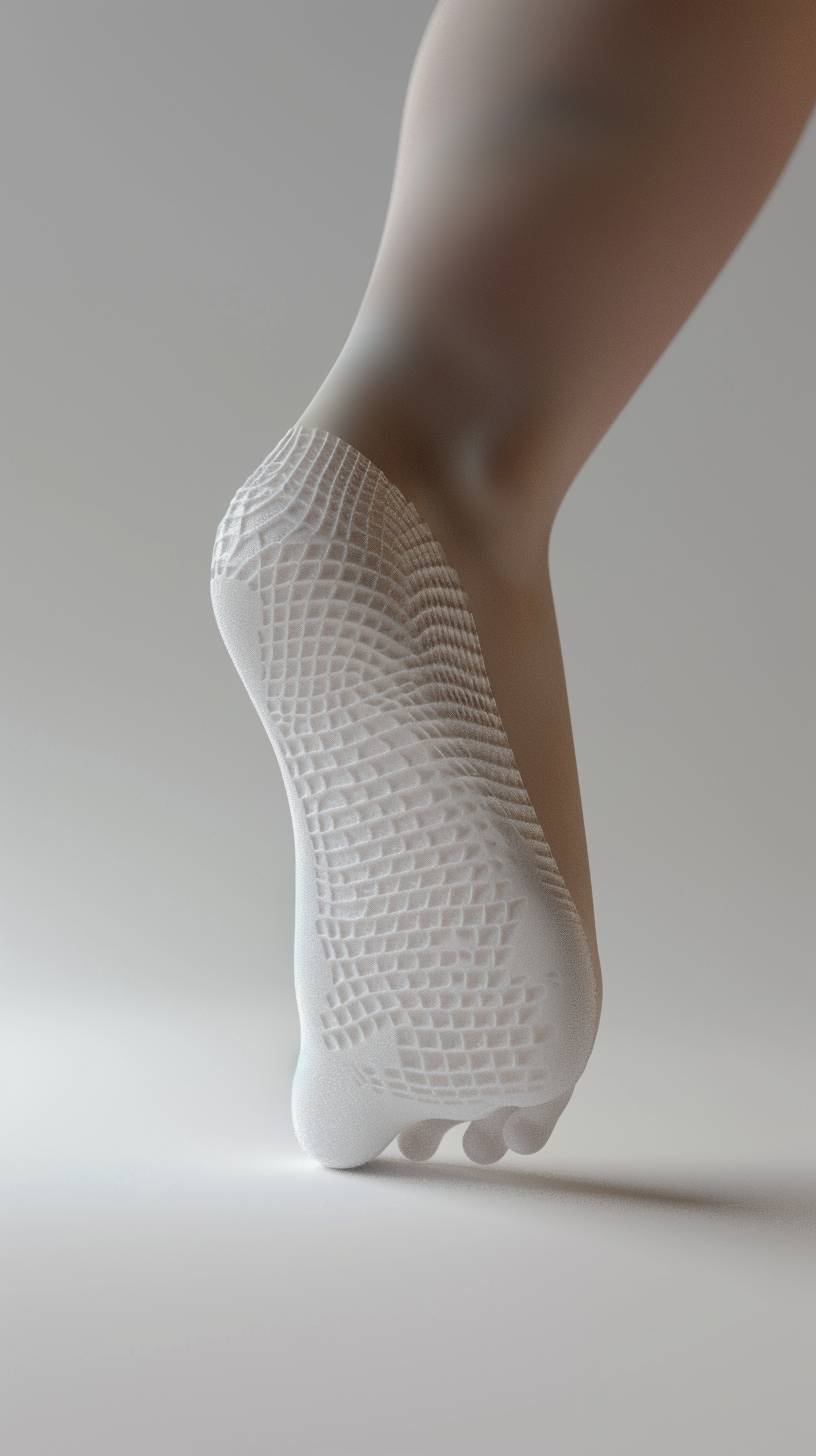 A 3D render of a child's foot, visible mesh model, slightly visible from underneath, on a white background. Under the foot, an orthopedic insole. Realistic lighting, hd quality, white mesh, vivid style