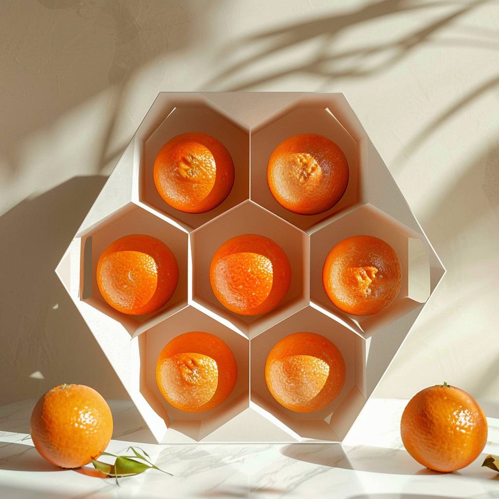 八角形の白い段ボール製オレンジ用グリッドボックス。八角形のスロット、段ボールの壁。テーブルの上のモックアップ