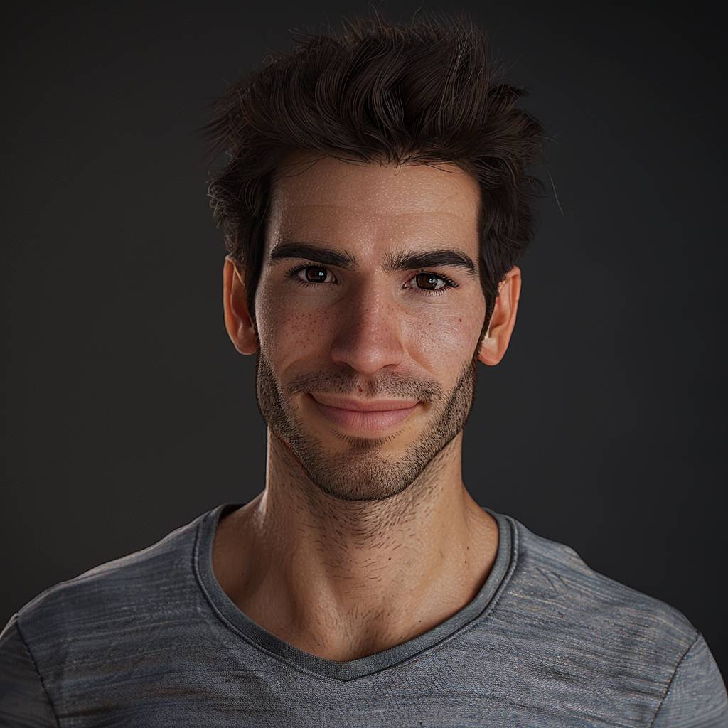 Disney-style man, half-length frontal photo, handsome facial features, deep eyes, gray shirt, smile, no glasses, Disney style, movie picture, exquisite 3D rendering, using Blender, C4D and Octane rendering technology