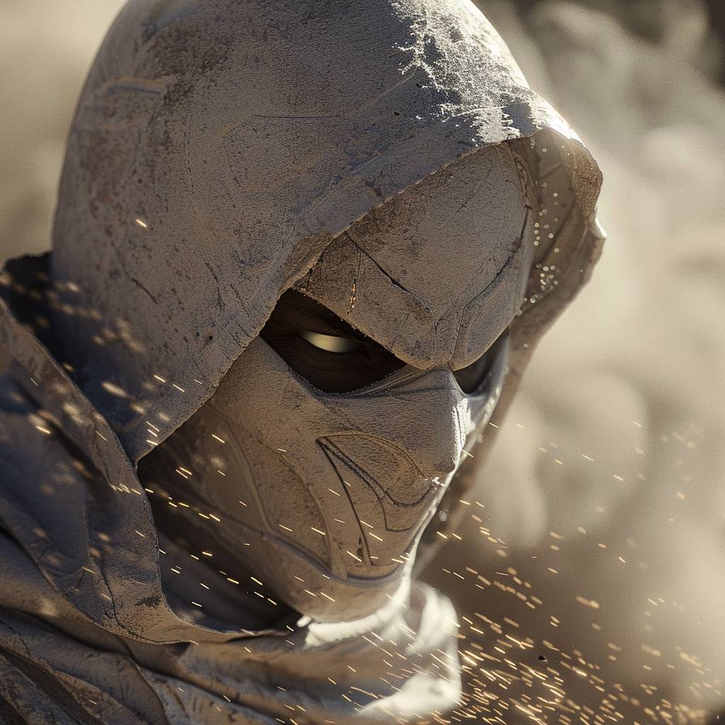 The Moon Knight dissolving into swirling sand, volumetric dust, cinematic lighting, close up portrait –ar 1:2 --v 6.0