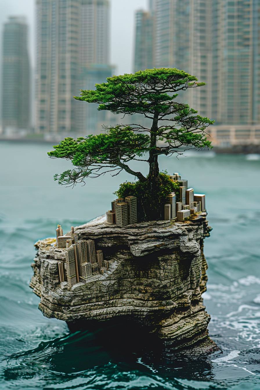 シフト写真、見下ろし、日本の盆栽、盆栽の中心には都市の高い建物で構成された岩があり、周囲は広大な海水で囲まれています。背景は広大な海水です。シフト写真。非常に詳細。