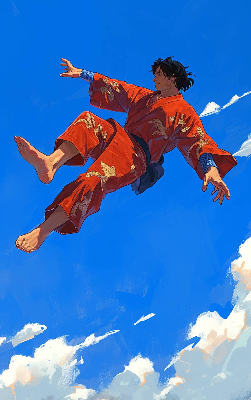 A Japanese superhero in a mid-flight pose, in the style of Chris Burkard, wearing dragon kimono, cultural reference, floating dimension, animated illustration