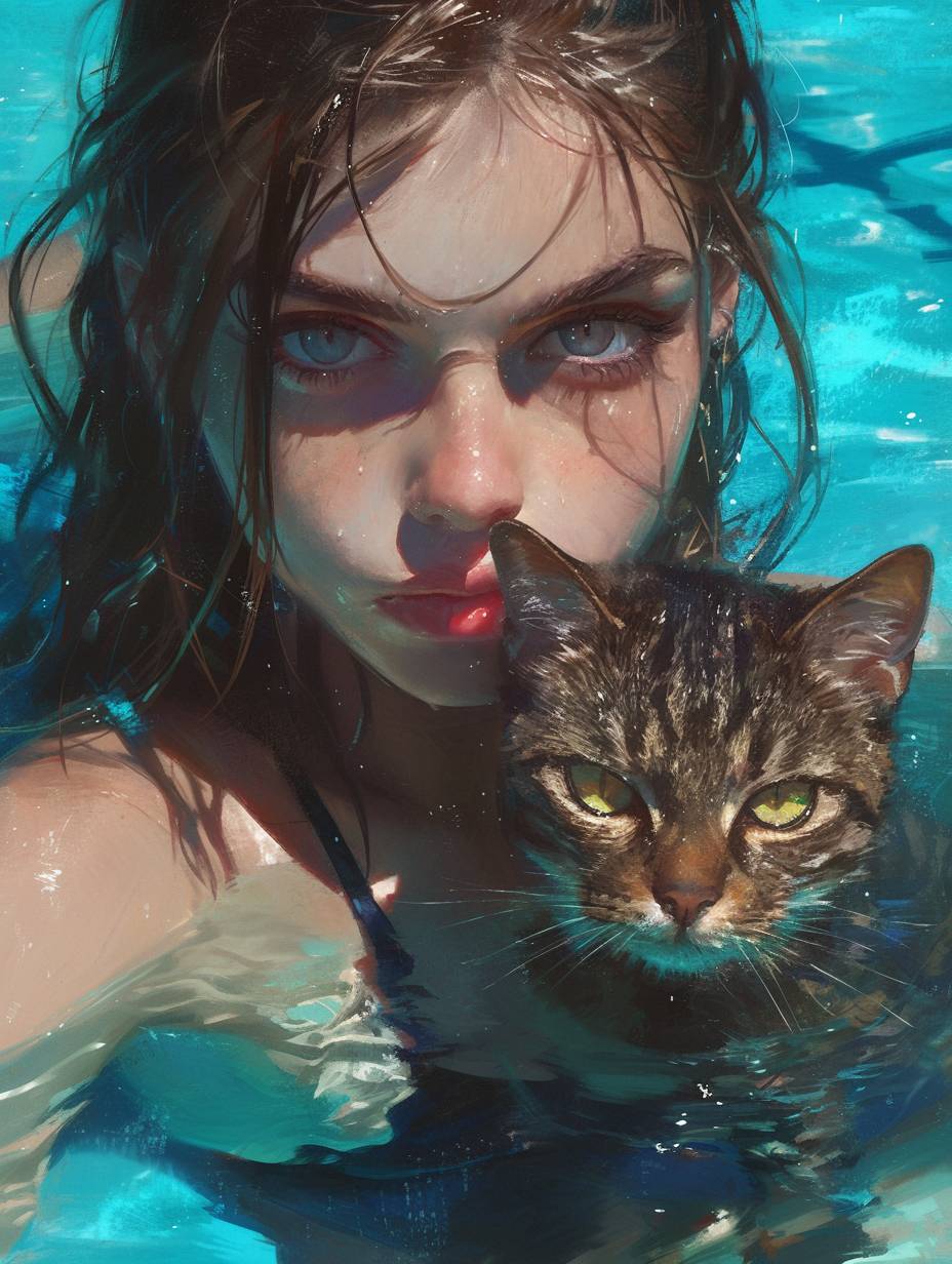 Beautiful woman opening her eyes in the pool with a cat, in the style of Karol Bak, Zack Snyder, and Michael Page, shot on Leica