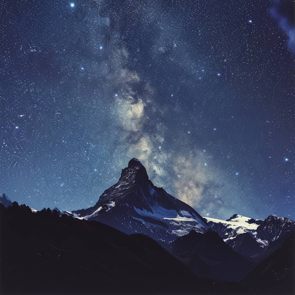 A majestic mountain range under a star-filled night sky, creating a serene and awe-inspiring scene. The mountain's sharp, rugged edges are silhouetted against the dense blanket of stars, illustrating the contrast between the enduring solidity of earth and the vast expanse of the cosmos.