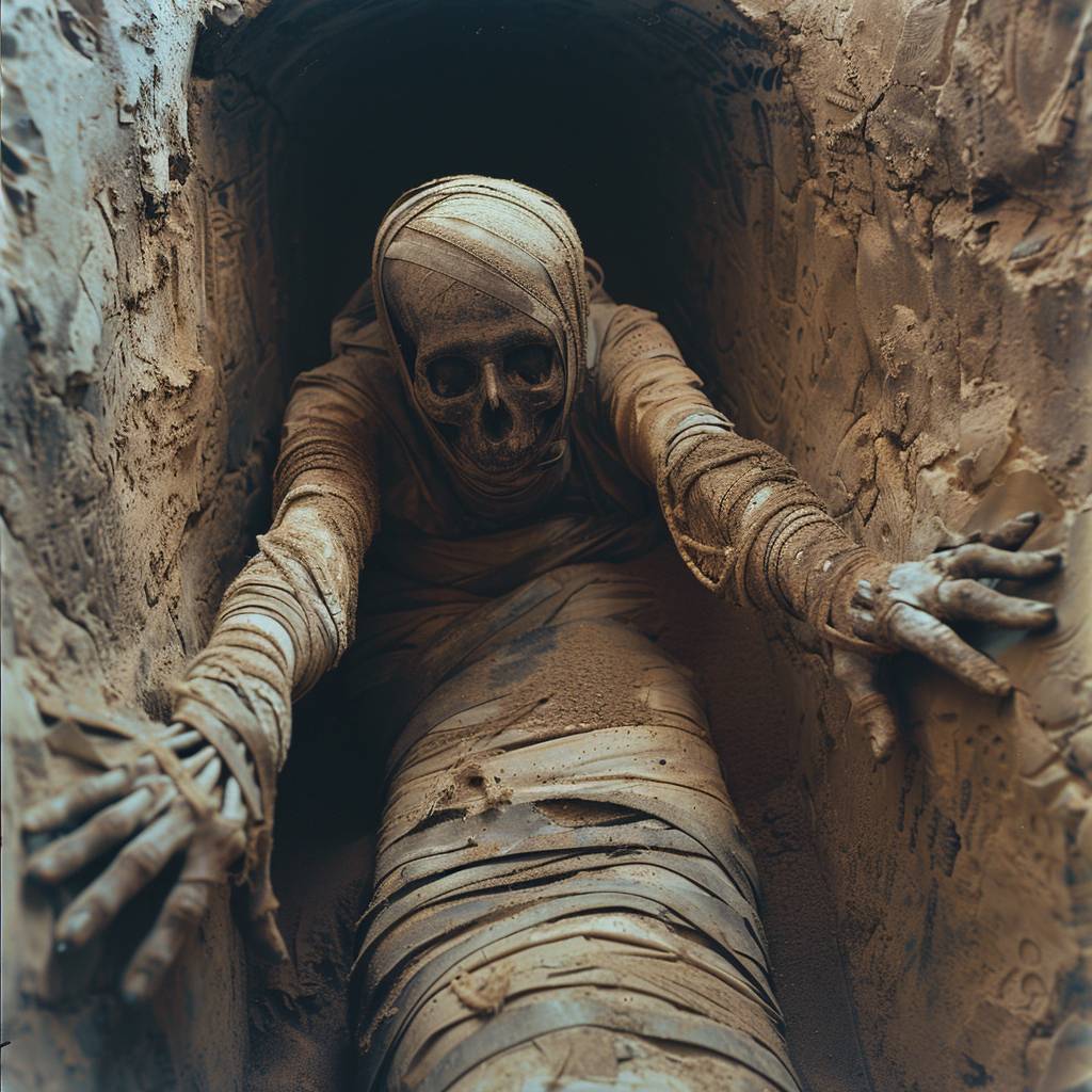 Beautiful and terrifying Egyptian mummy, flirting and vamping with the viewer, rotting and decaying climbing out of a sarcophagus lunging at the viewer, symmetrical full body Portrait photo, elegant, highly detailed, soft ambient lighting, rule of thirds, professional photo HD Photography, film, sony, portray, kodak Polaroid 3200dpi scan medium format film Portra 800, vibrantly colored portrait photo by Joel – Peter Witkin + Diane Arbus + Rhiannon + Mike Tang, fashion shoot