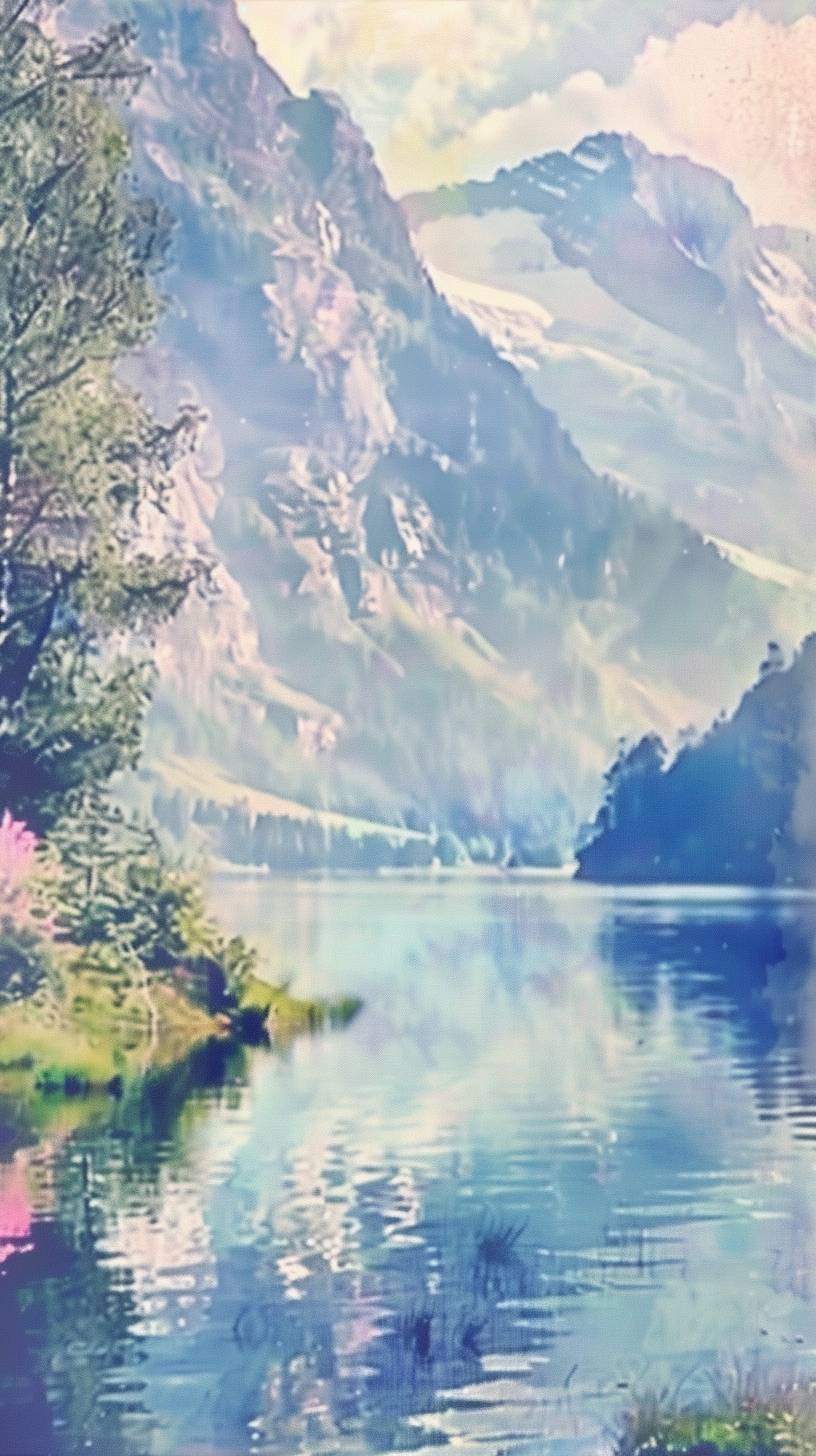 A serene lake surrounded by tall, majestic mountains. The water is calm and reflects the beauty of the surroundings. In the style of a landscape painting.