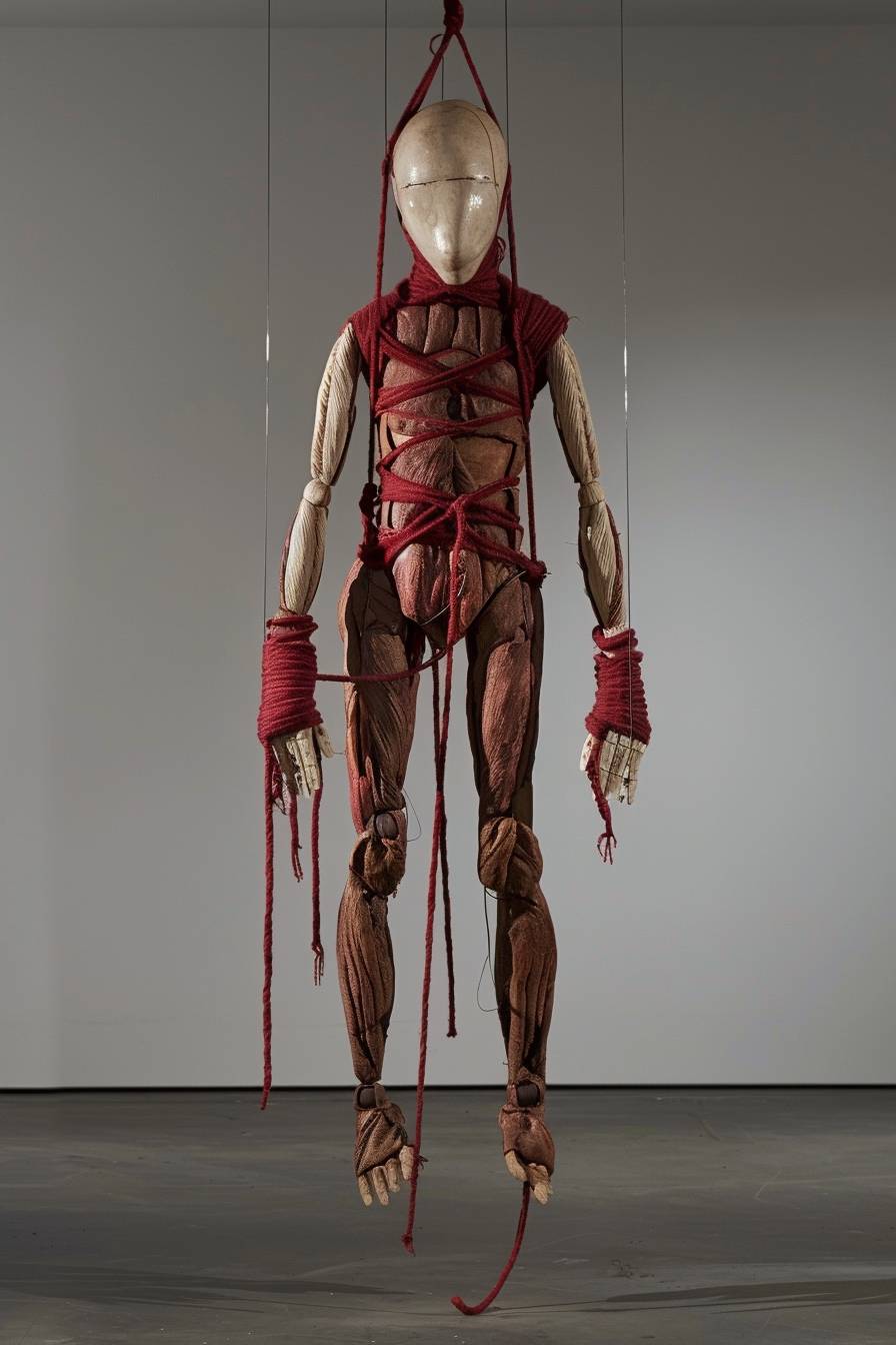 A surrealistic-style marionette, influenced by the artistic approaches of Rene Magritte, Patricia Piccinini, and Mark Dennis, and designed in a robust Brutalist style. This imposing figure stands approximately 1.8 meters tall, faceless, with red hemp ropes tied around its body, half arms and legs, and is suspended from a large frame by transparent thin tubes. Its exterior is starkly divided into red and white halves, presented in an upright stance facing the camera. Designed for tactile engagement, the surface is suitable for striking, while its interior is stuffed with cotton, providing a soft, deformable texture.