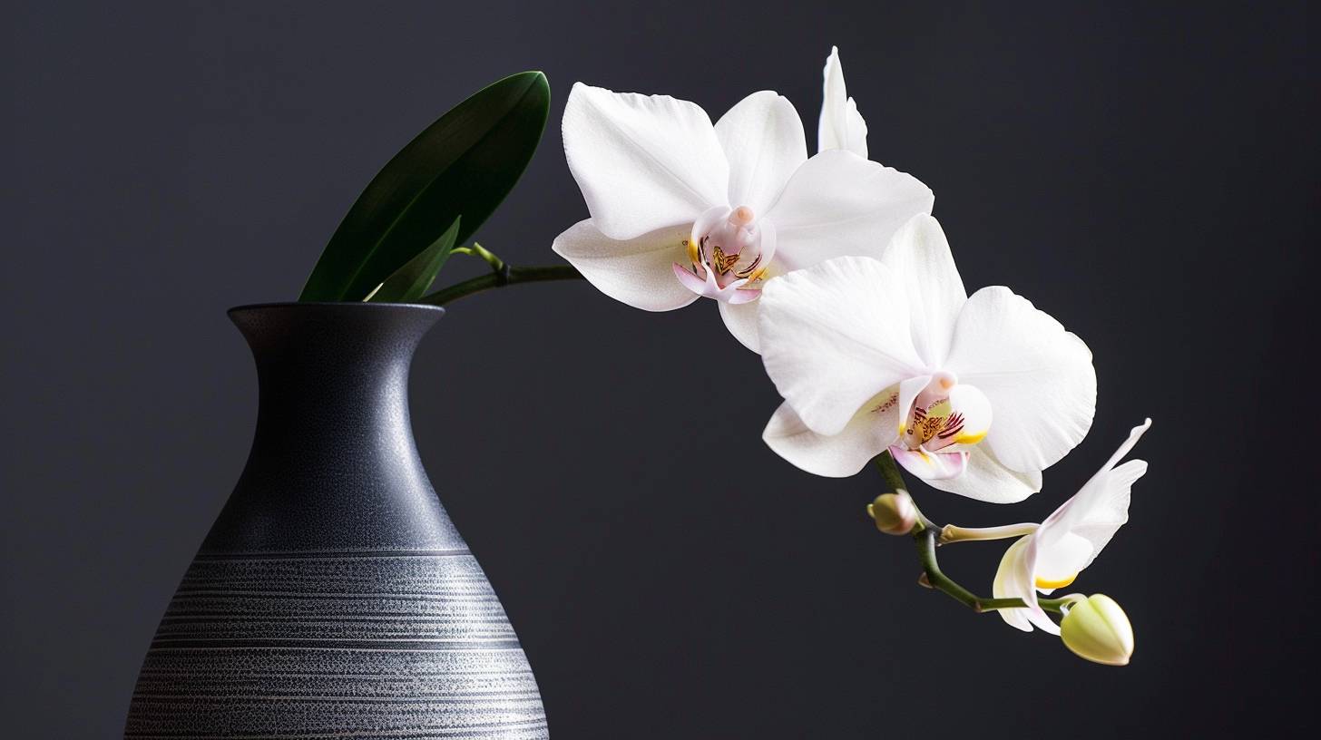 Elegant white orchid blooms in a sleek, modern vase. The flower's delicate, sculptural petals are a study in minimalist beauty, their graceful lines and curves creating a sense of refined sophistication. The stark contrast between the orchid's pure white hues and the vase's deep black glaze is a testament to the power of simplicity and the allure of understated elegance.