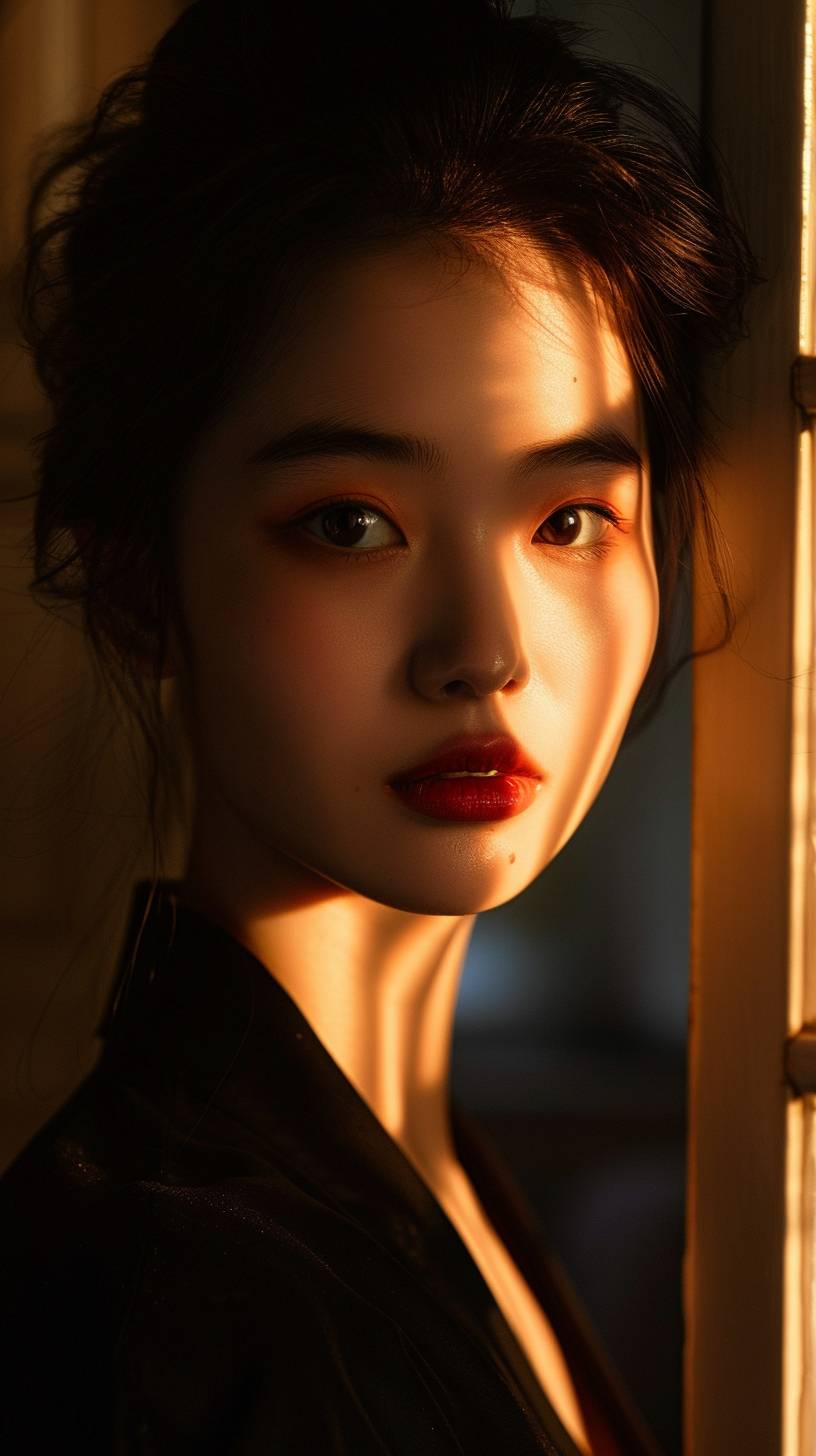 Artistic shadows and contrasts of lighting on the face, a Chinese female model with bright eyes, cute, beautiful, elegant, studio lighting, silhouette, French attire and classical interior decor, professional portrait photography, cinematic ambiance, Morandi color palette, low saturation