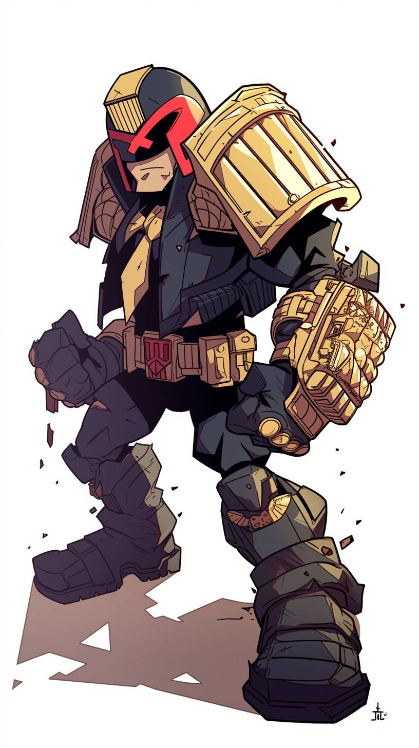 Cute and adorable cartoon design of Judge Dredd, drawn in the style of Skottie Young, clean lines and flat colors, minimal detail, simple background