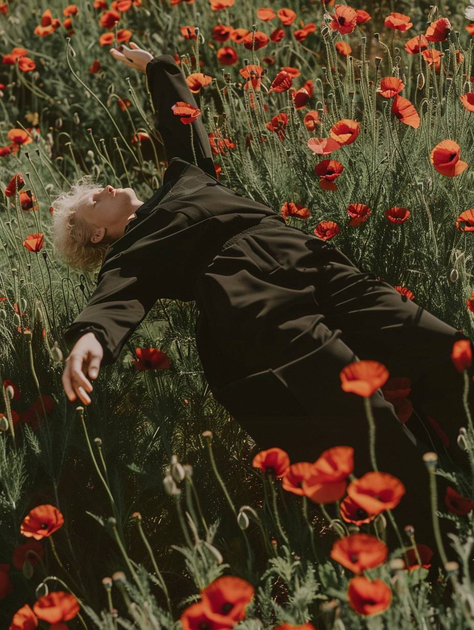 A photo of a blonde man wearing a black tracksuit, floating in the air surrounded by poppy flowers, in the style of Tim Walker and Rineke Dijkstra