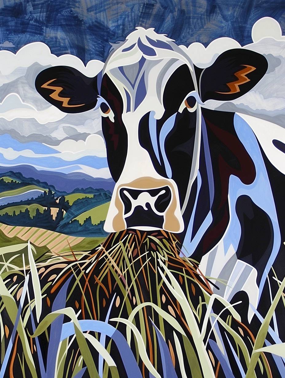 牧草の茂みに立つ快活な牛が、干草の束をかじっています。明るい青空とふわふわの白い雲の中に描かれています。牛は陽気な表情で、幅広い笑顔と明るく表情豊かな目をしています。スタイルはアル・キャップ（Al Capp）の象徴的な漫画を彷彿とさせ、特徴が大げさで活気にあふれています。鮮やかで活気に満ちた色彩がシーンに幻想的なタッチを加えています。