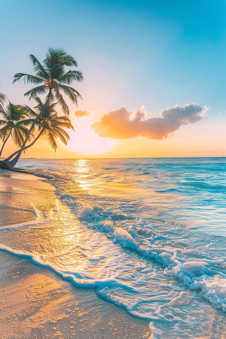 A serene beach at sunset, with palm trees swaying gently in the warm breeze and the golden sun sinking below the horizon, casting a romantic glow over the turquoise waters.
