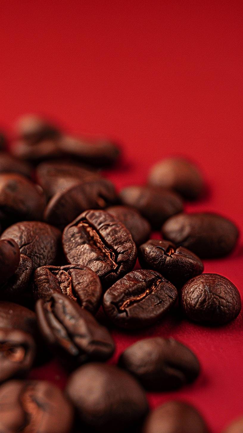 Red background, coffee beans, captured details using a Nikon D850 camera, with soft lighting and natural shadows, in the style of commercial product photography