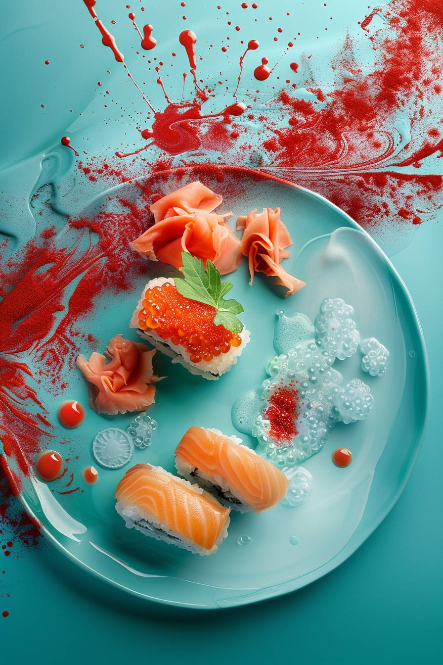 Top view haute-couture advertising food photograph for Japanese restaurant with molecular cuisine. Minimal composition, cyan and red hues.