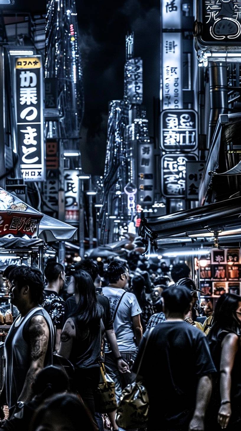 A bustling night market in a busy Asian city. Neon signs are illuminating the streets, and people are crowded around food stalls. In the style of a documentary photograph.