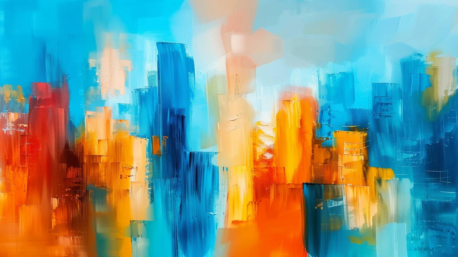 An abstract painting of a cityscape with colors of blue and orange, soft brush strokes with blurred edges, a light sky background, oil on canvas with vibrant colors, a contemporary art style, brushstrokes in the style of impressionism, an urban landscape depicting a city skyline with skyscrapers and abstract shapes representing modern architecture, skyscraper lights and bustling streets conveying vibrant life in big cities