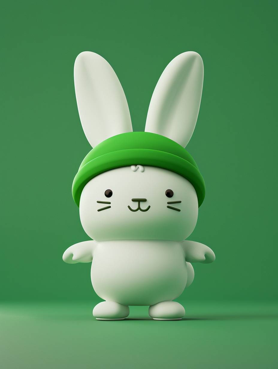 シンプルなスタイルでグリーンを着た可愛い白ウサギ。丸い目と耳がはみ出した可愛いウサギのカートゥーンキャラクターデザインの3Dレンダリング。一色背景のフルボディポートレート。頭に緑の帽子を被り、かわいい笑顔と幸せな表情を浮かべています。可愛いキャラクターデザインとモデル。