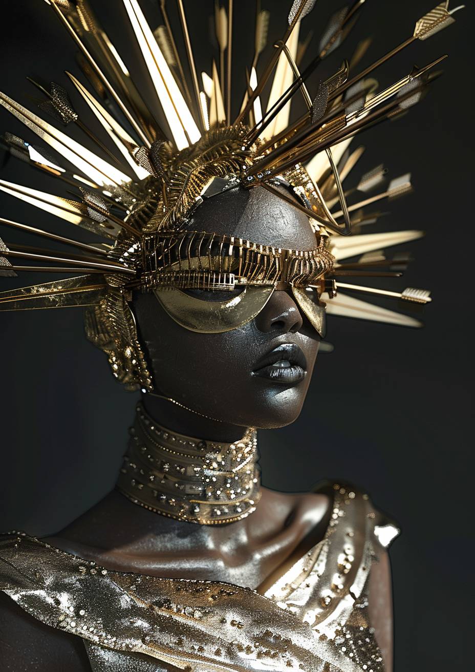 ghastly glitchpunk, low-angle perspective, red carpet starlet wearing a gold and silver minidress and headpiece with arrow-like spikes, in the style of linked rings, future fashion