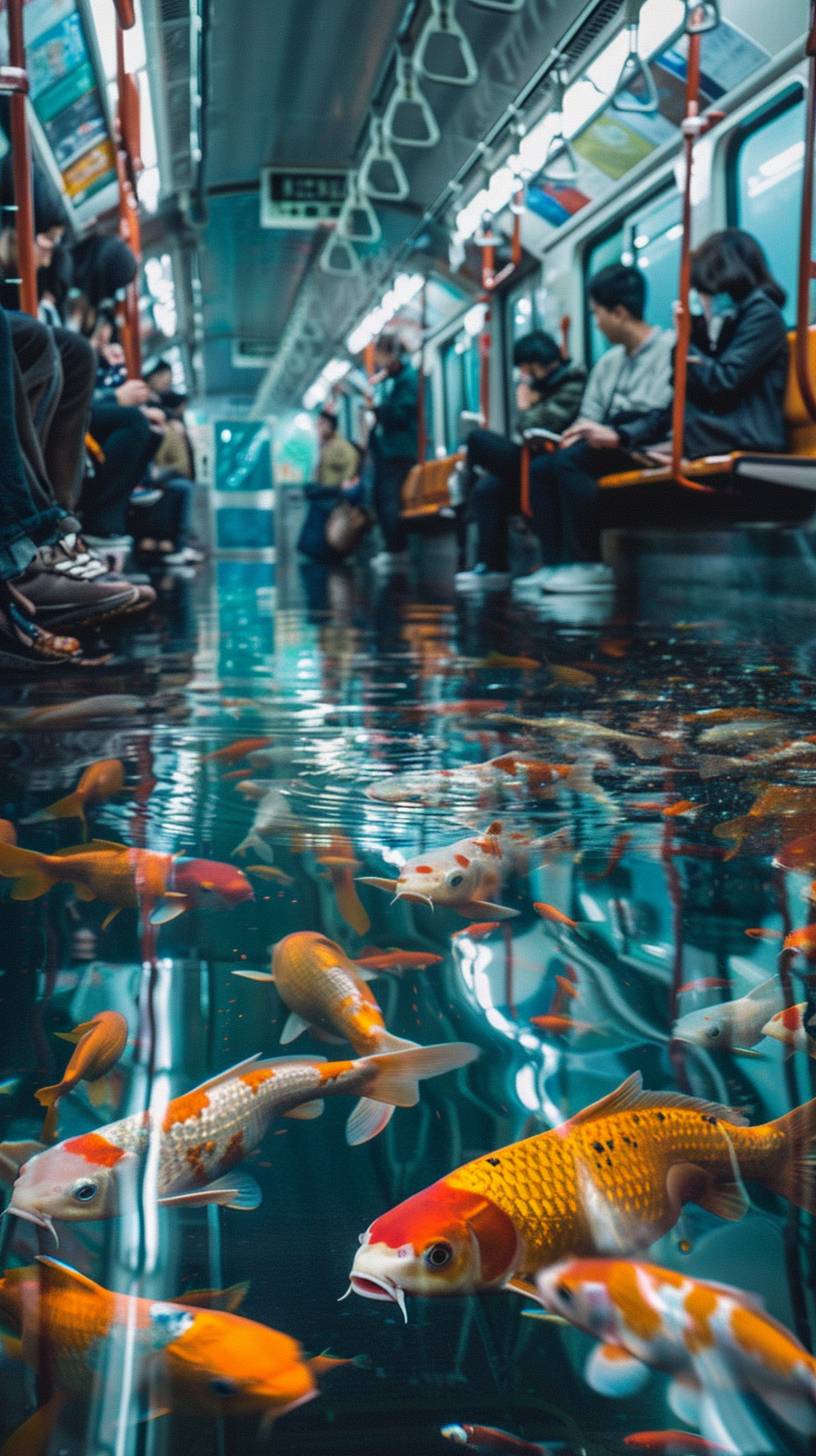 A metro train in Japan, slightly filled with water and adorned with graceful koi fish swimming. People stand on the benches, cautious and afraid of getting wet, as this surreal fusion of urban transport and underwater beauty creates an unexpected and intriguing scene. The contrast between the hesitant passengers and the serene aquatic environment adds a whimsical touch to this imaginative scenario.