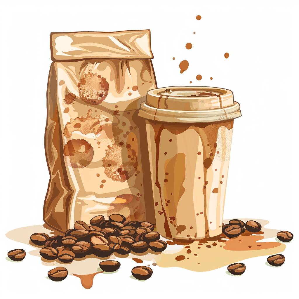 Advertisement for bags of coffee beans and a cup with coffee stains on it, vector icon, isolated, template, copy space, (colors)