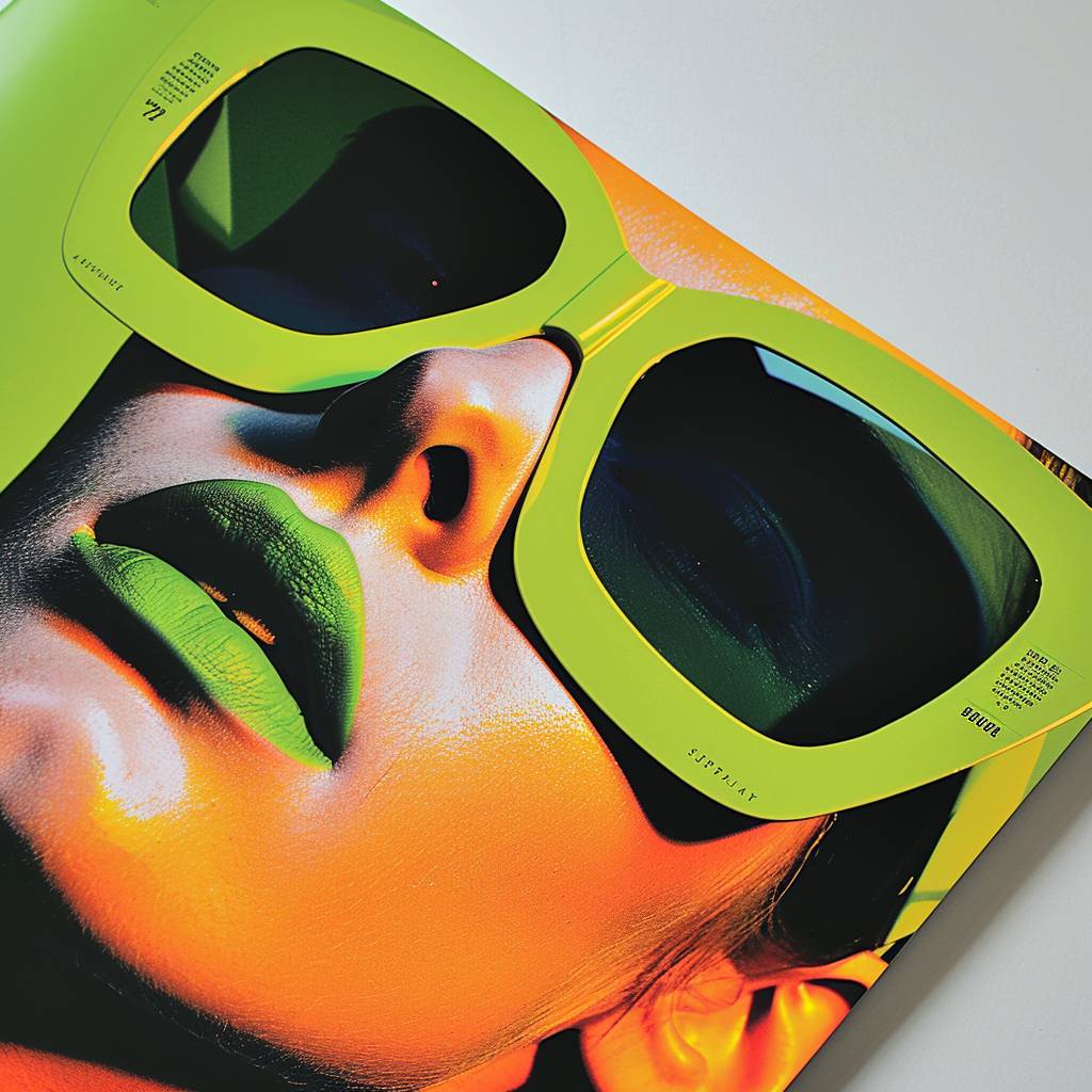 Printed layout of a contemporary art magazine. Ultra-modern design, bold typography, large bright green headers, unconventional use of high-fashion photography.