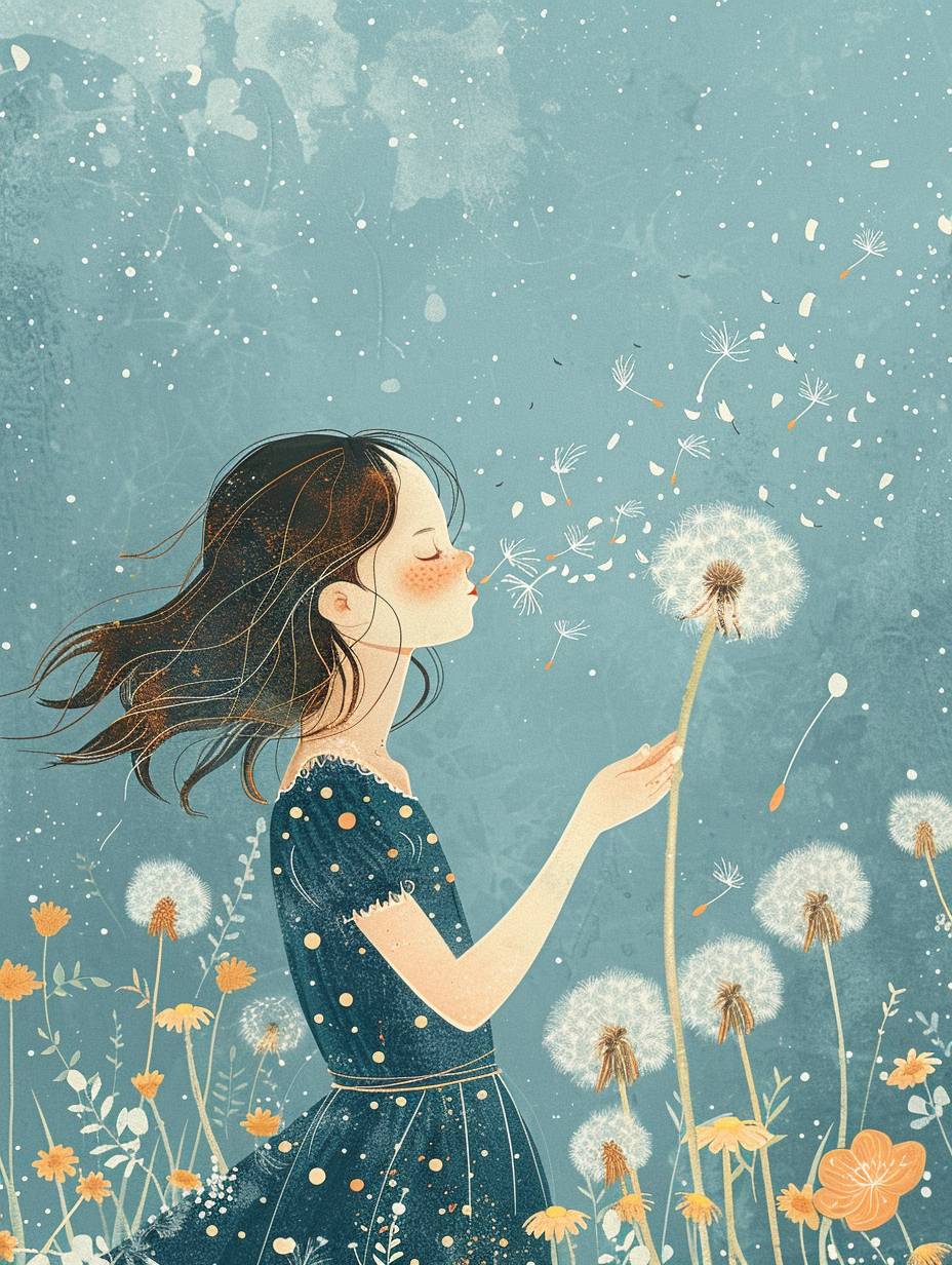蒲公英の花を持った女の子が、白いドットと黄色の花柄がある青いドレスを着て、淡いスカイブルーとペールアクアマリンのイラストのスタイルで小さな花びらを吹き飛ばす、子供の絵本の挿絵を思わせるシンプルな線画です。