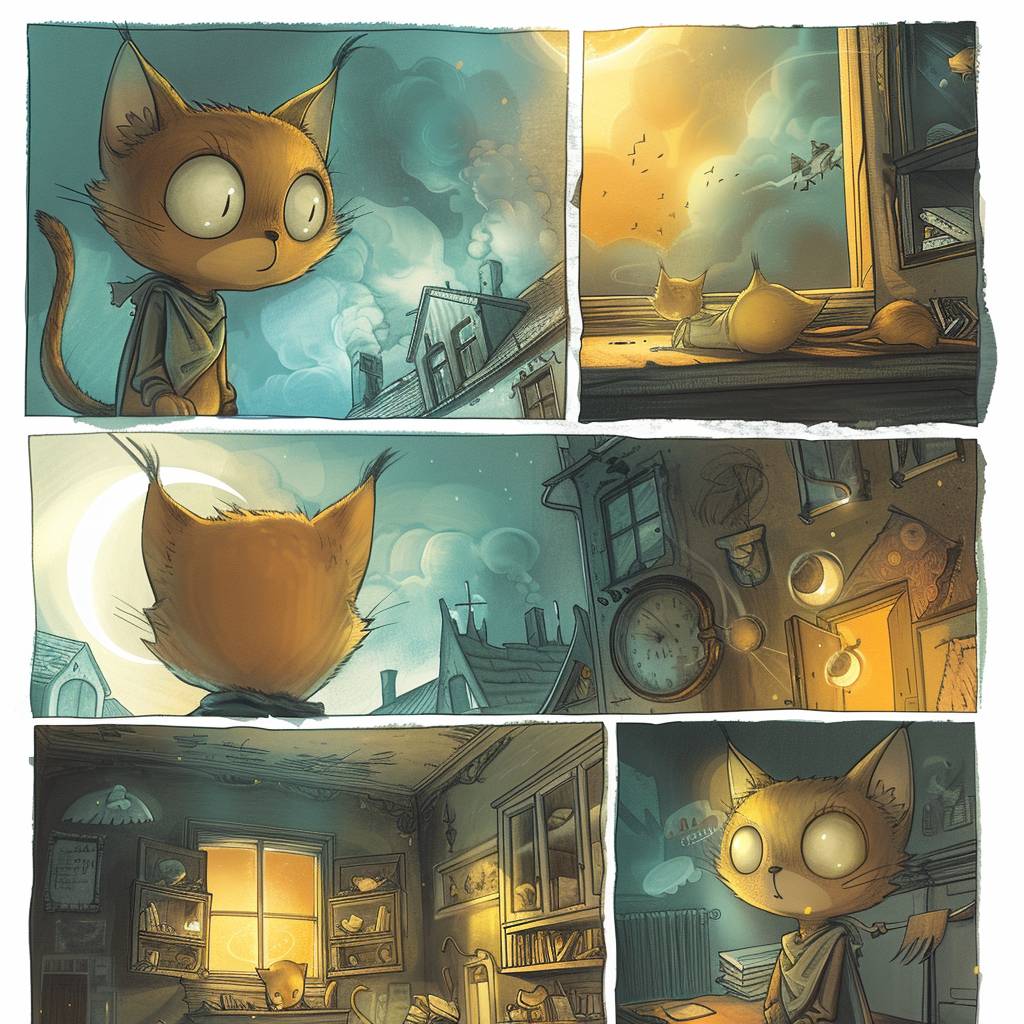 Comic strip depicting adventures of young cat. Dreamy mood.