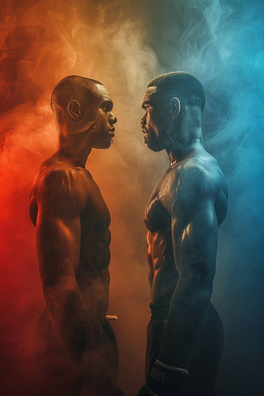 Split view of fighter athletes. Dramatic lighting, subdued colors