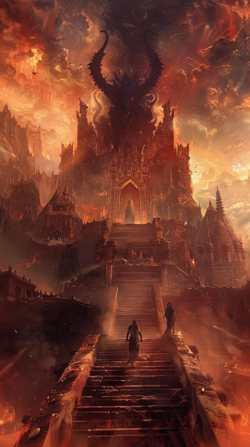 An image of a very tall demon walking up the stairs in a dark castle flanked by many gods and Buddhas in an otherworldly style, crimson and dark orange, magnificent ruins, grand scale, serene visuals, huge scale, epic portraits