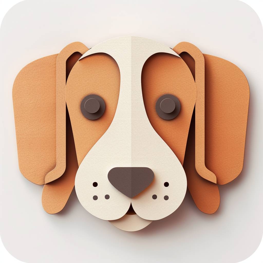 犬の顔を描いたモバイルアプリのアイコン。ミニマルなヴィンテージペーパーカットスタイル