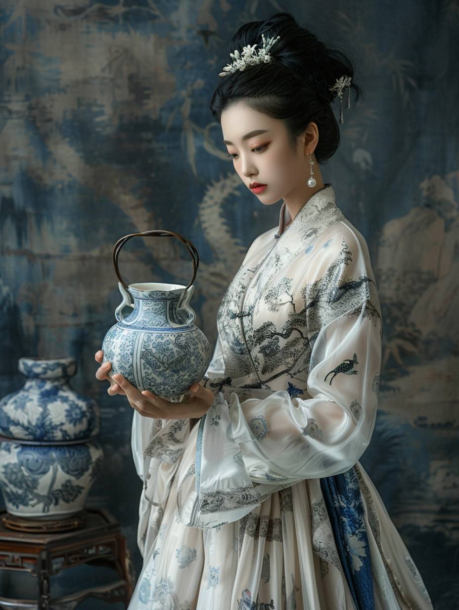 An Asian woman wearing a white and blue dress holding a vase, in the style of large scale paintings, monochromatic elegance, tabletop photography, animal motifs