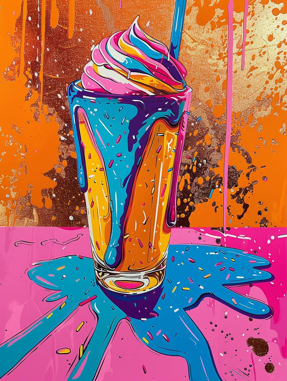 Lino cut of a scene of a multi-colored spilled milkshake on its side on a table top, bright pink table, glitter background, bright colors, fun, hyper realistic, colorful, fine art print