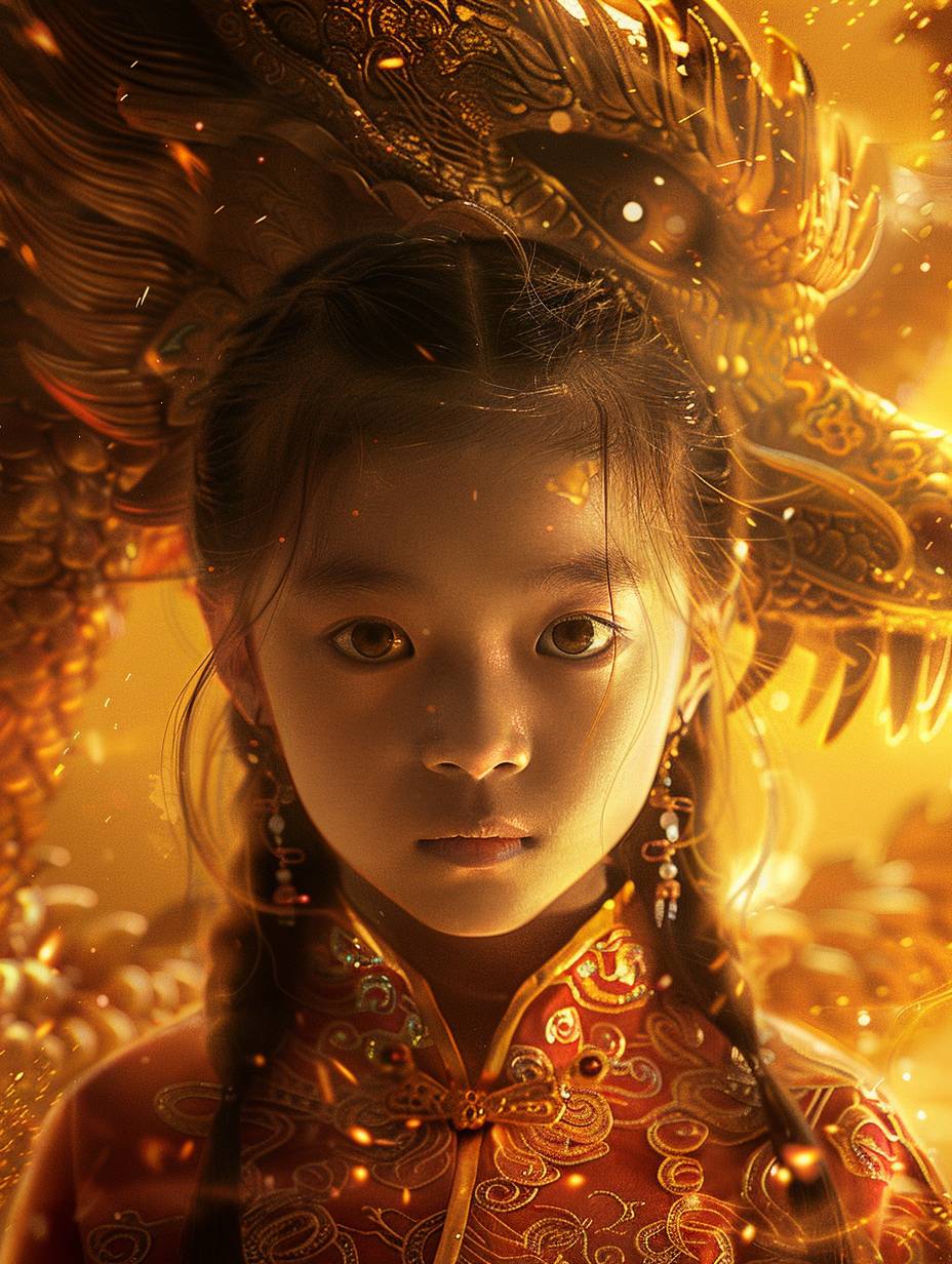 ドラゴンの後ろにいる中国の少女、黄金の背景、荘厳で幻想的な要素を強調した、豊かで鮮やかな色彩、ディテールの細かい鱗片と燃えるような目をしたドラゴン、敬意と驚きを表現した少女、金の色調が際立つスタジオライティング、シネマスタイル、超高精細度