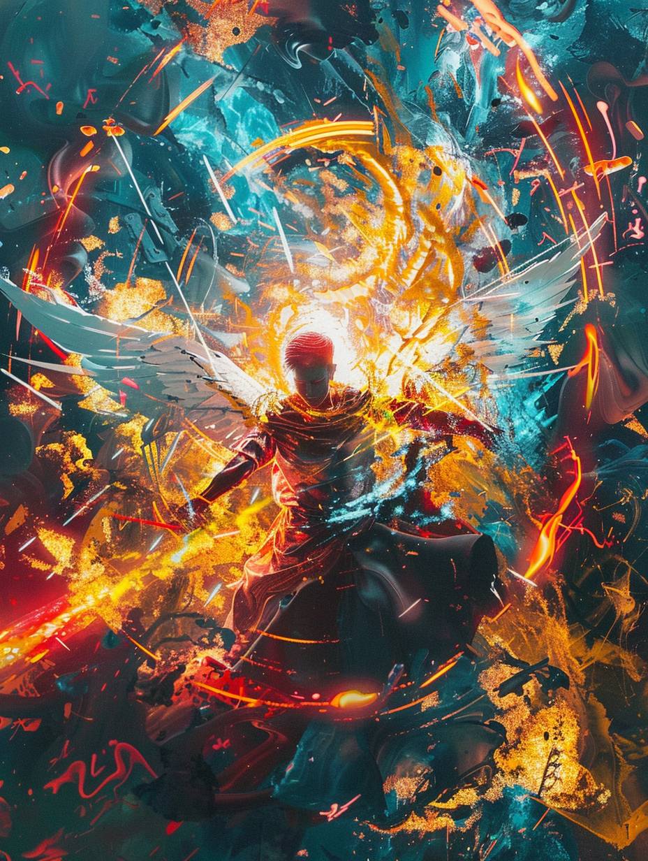 The painting features an angel surrounded by a halo and enveloped in flaming red and blue energy, in the style of Martin Ansin, Ismail Inceoglu, neoclassical sculptures, album covers, Criterion Collection, and baroque-influenced drama, glitch aesthetic.