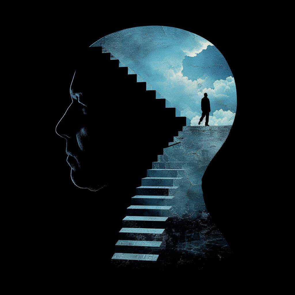 Create a digital artwork featuring a sculptural silhouette of an old man's head with an open mind revealing stairs inside. A lone figure is seen ascending the stairs, symbolizing personal growth. The scene is set against a stark black background with minimalistic design elements. Illuminate the piece with blue-white gradient lighting for a surreal effect. Ensure the artwork is in sharp focus, with a surreal, ethereal atmosphere.