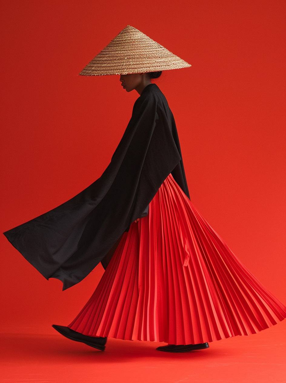 Minimalist style fashion photography for fashion magazine cover, featuring a model wearing an oversized black cape and a red pleated skirt walking down the runway, while sporting a conical hat made of straw. The shot showcases the model in a fashion pose against a solid color background, utilizing studio lighting and capturing high-resolution, ultra-realistic photos with grainy textures using Lomography color negative F476/30 film in a Hasselblad X2D 100C camera.
