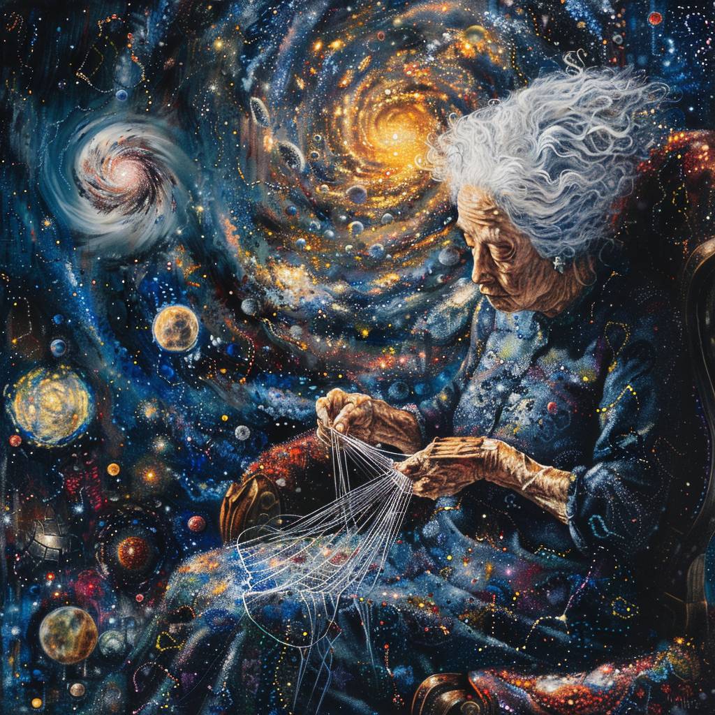 A grandmotherly Fate sits on a cozy cosmic throne knitting with mirrored threads of time, the solar system spins like clockwork behind her as she knits the futures of people together like an endless collage of destiny, maximilism, cinematic quality, sharp focus, intricate details.