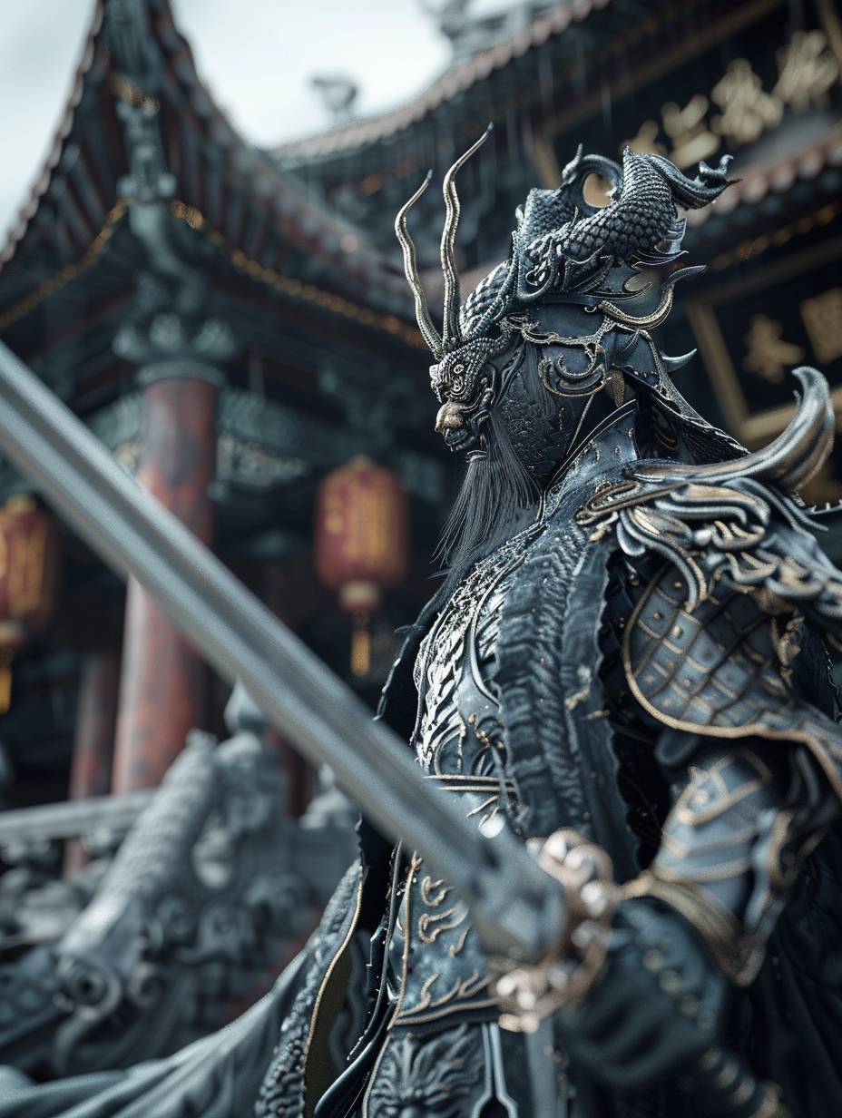 Game screen shot of Dark Souls, third person over shoulder shot, background featuring gigantic Chinese Tang dynasty god sculpture, in the style of neo-traditional Chinese, close-up panoramic wide-angle shot capturing full body dynamic action, depth of field, tilt unbalanced composition, gigantic scale, C4D, blender, Unreal Engine, Octane render, global illumination, ray traced reflections, SSAO, shaders, FXAA, CGI, RTX, VFX, 4K resolution, best quality, ultra-detailed, hyper-realistic, grimdark, dark, gritty, subtle tone