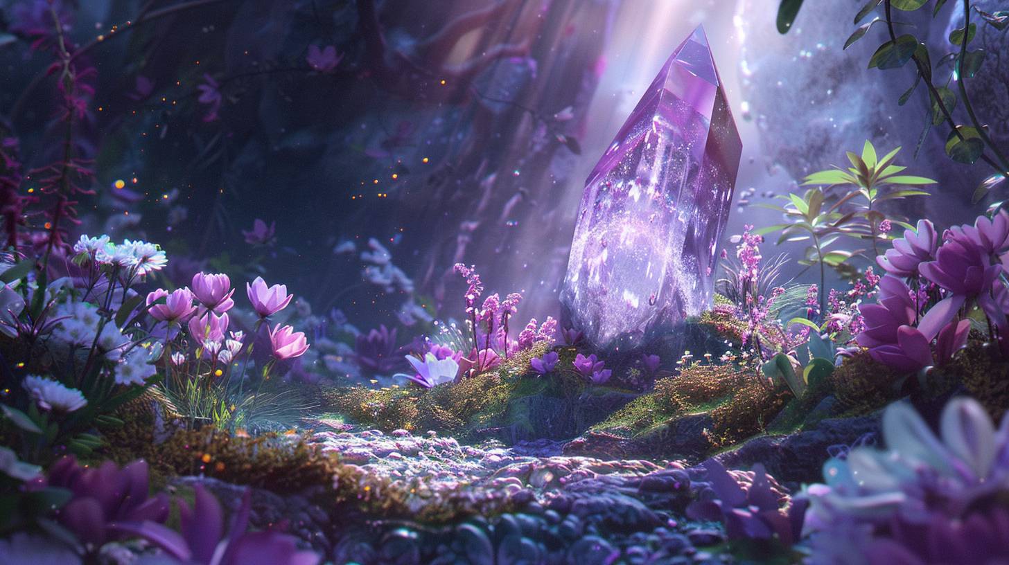 A crystal quartz in the middle of an iridescent garden, filled with flowers and moss, purple light shining through it, ethereal in the style of an Asian artist.